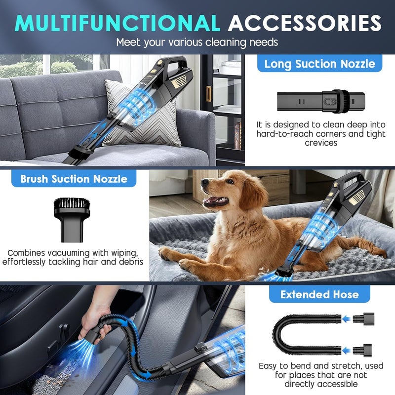 CKIKU Handheld Vacuum Cordless, 15000PA Strong Suction Hand Held Car Vacuum Cleaner Portable with Multi-Nozzles & Washable Filter, Lightweight Dust Busters Rechargeable for Home, Car, Office, Pets - Image 3